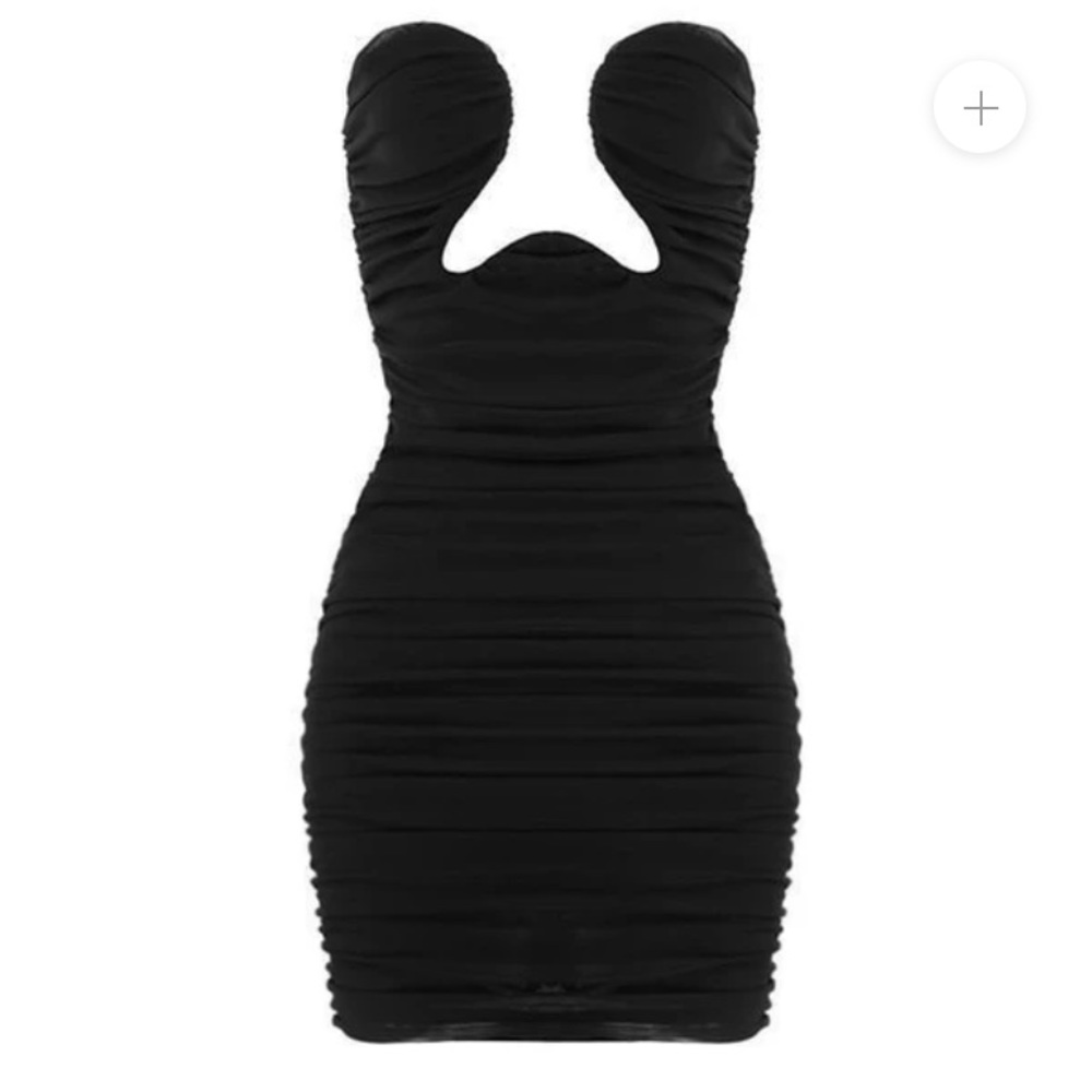 Black Ruched Mini Dress with Cutout Neckline